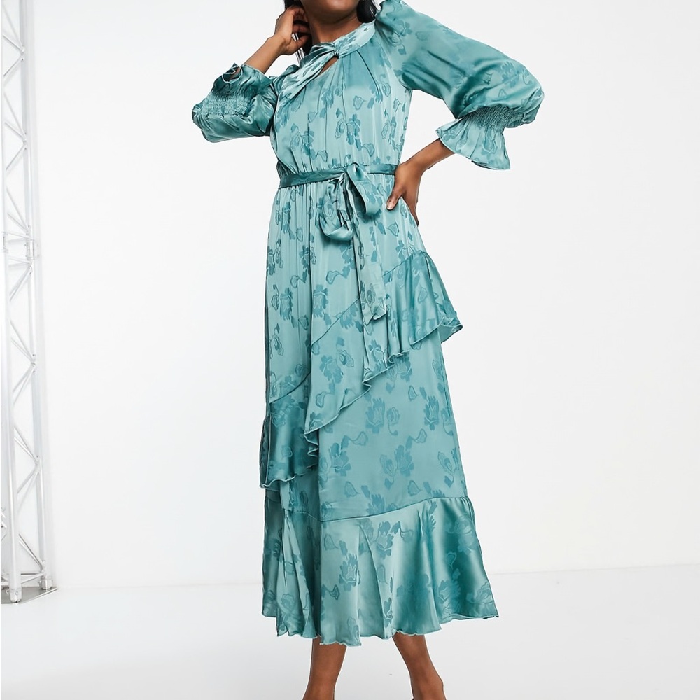 ASOS Little Mistress long sleeve ruffle maxi dress in floral jacquard